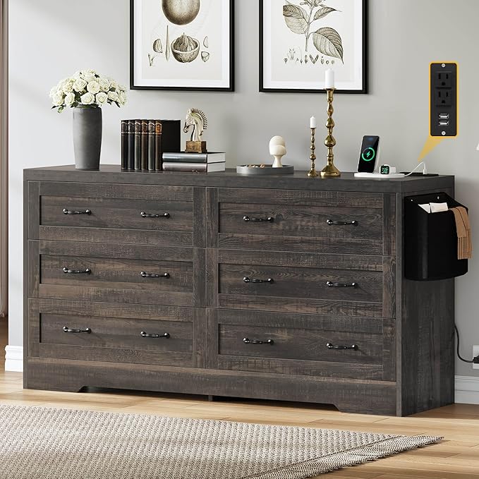 YITAHOME Rustic Oak Drawers TV Stand for 65 inches with Power Outlets -Chest of Drawers Dresser with Side Organizer Bag Entertainment Center TV Console