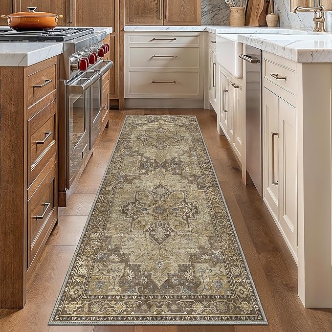 GENIMO 2'6''x12 Runner Rugs for Hallway, Machine Washable Non Slip Vintage Rugs, Low Pile Lightweight Soft Print Rug for enrtyway, Corridor, Home Office, Kitchen, Rustic Brown