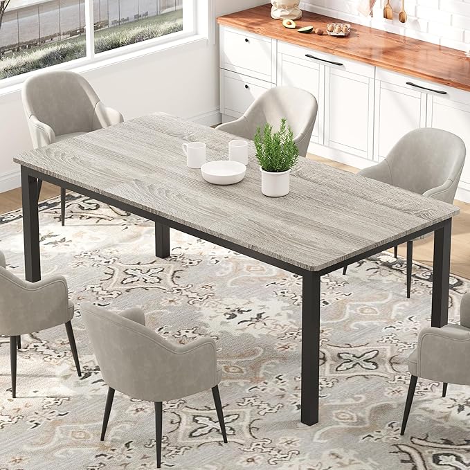 GarveeHome 78.7in Industrial Dining Table for 6, Wooden Long Dinner Table with Mortise Tenon Design, Kitchen Table with Sturdy Metal Legs, for Dining Room Home Office Living Room, Grey