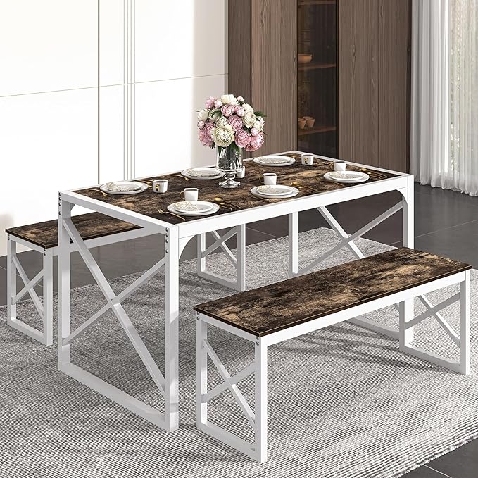 VECELO Kitchen Dining Table Set for 4 to 6, 55" Wood Dinette 2 Benches with Metal Frame for Dinner Breakfast Nook and Small Space, Dark Brown