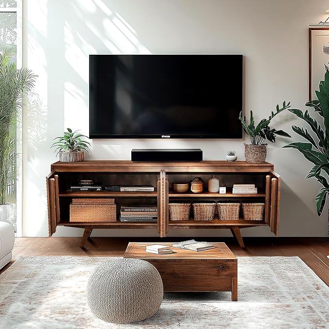 Acacia Harmony TV Stand for TVs up to 75+ Inch Entertainment Center with Storage Shelves and Cable Management, Modern Farmhouse TV Media Console Table Wood TV Stands for Living Room Bedroom, Walnut