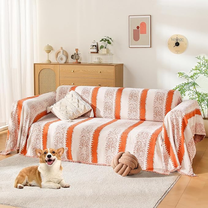 Boho Couch Cover, Sofa Cover, Sofa Covers for 2 Cushion Couch, Washable Sectional Couch Covers for Dogs Pet Furniture Protector Couch Cover Blanket for Living Room (1# Orange, 71" x 102")
