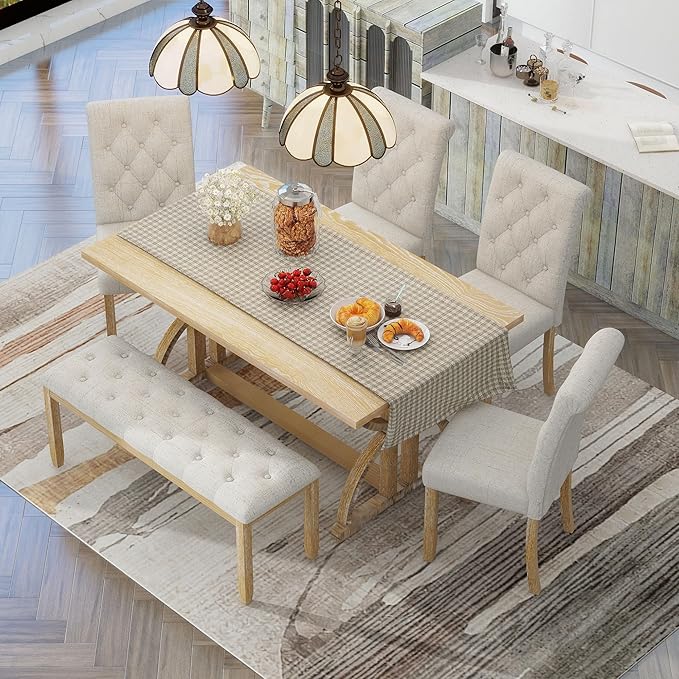 Ball & Cast 6-Piece Dining Table Set, 60" Rectangular Dining Table with 4 Upholstered Chairs & 1 Bench for Dining Room and Kitchen Natural Wood Wash