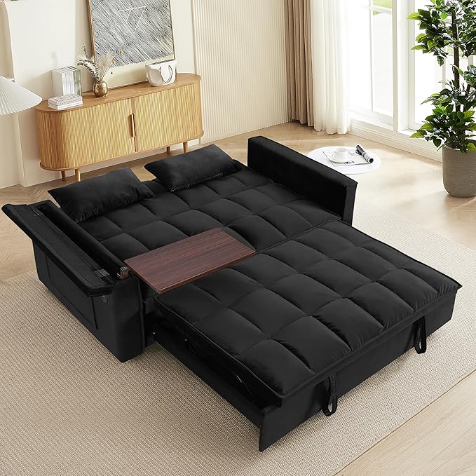 Ball & Cast 55" 3 in 1 Sleeper Sofa Bed Velvet Upholstered Pull Out Couch with Adjustable Back & 2 Pillows,Convertible Futon Sofa Bed W/Hidden Side Table,Side Pocket & USB Port,for Living Room,Black