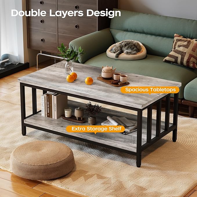 Homeiju Coffee Table for Living Room with Slatted Sides Frame, Modern Farmhouse Living Room Table with 2-Tier Storage Shelf for Home Office, Apartment, 39 inch Grey Wash