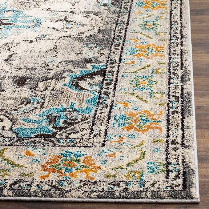 SAFAVIEH Monaco Collection Area Rug - 6'7" x 9'2", Grey & Light Blue, Boho Chic Medallion Distressed Design, Non-Shedding & Easy Care, Ideal for High Traffic Areas in Living Room, Bedroom (MNC243G)