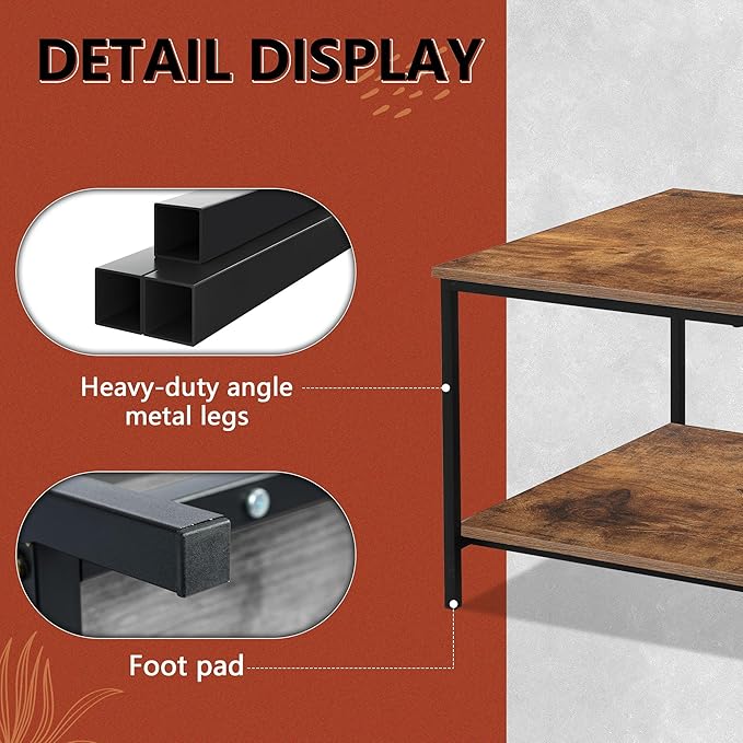 SENIG Small Brown Rectangle Wood and Metal Coffee Table with Storage Shelf for Small Living Rooms