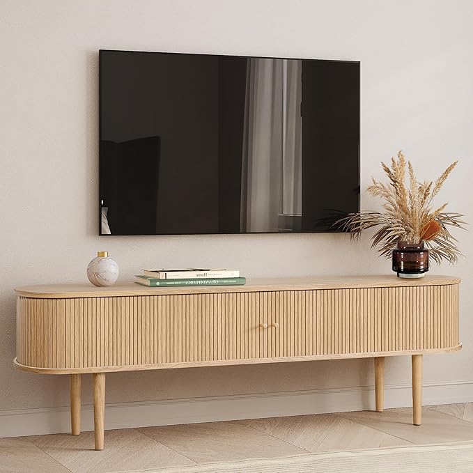 WERMO 71’’ TV Stand with Storage and Shelves for 65-75 inch TV. Wood Entertainment Center with Doors for Living Room and Bedroom, Mid Century Modern Console Table, Television Stand (Oak)
