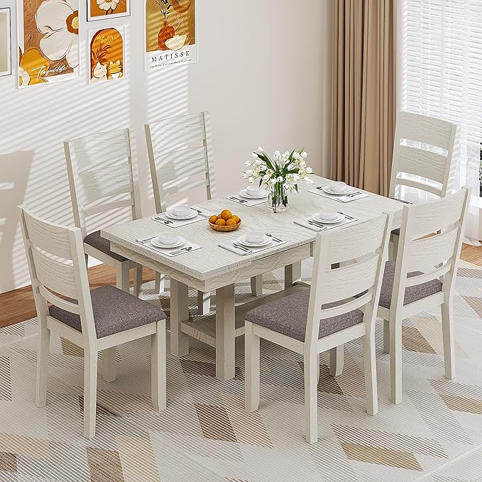 Solid Wood Extendable Farmhouse Dining Table for 4-6, Space-Saving Design for Home Kitchen and Dinner, Grey
