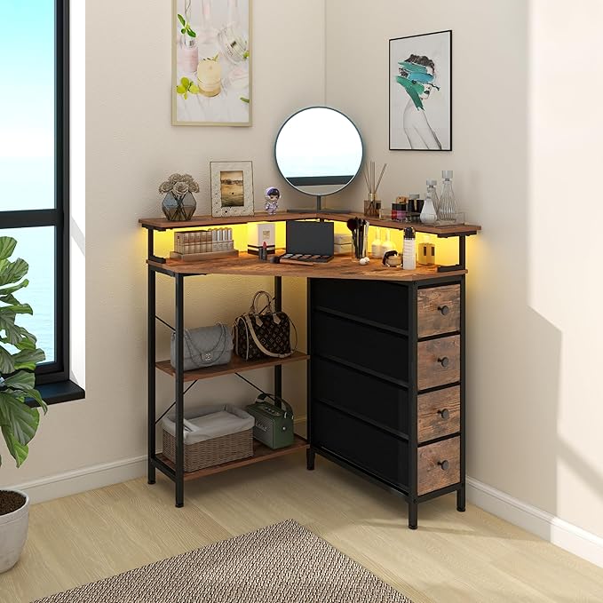 Corner Desk with Drawers Shelves for Small Space 90 Degrees Triangle Computer Desk with Power Outlets,Gaming Desk with LED Lights Monitor Stand for Home Office Workstation Writing Table (Brown)