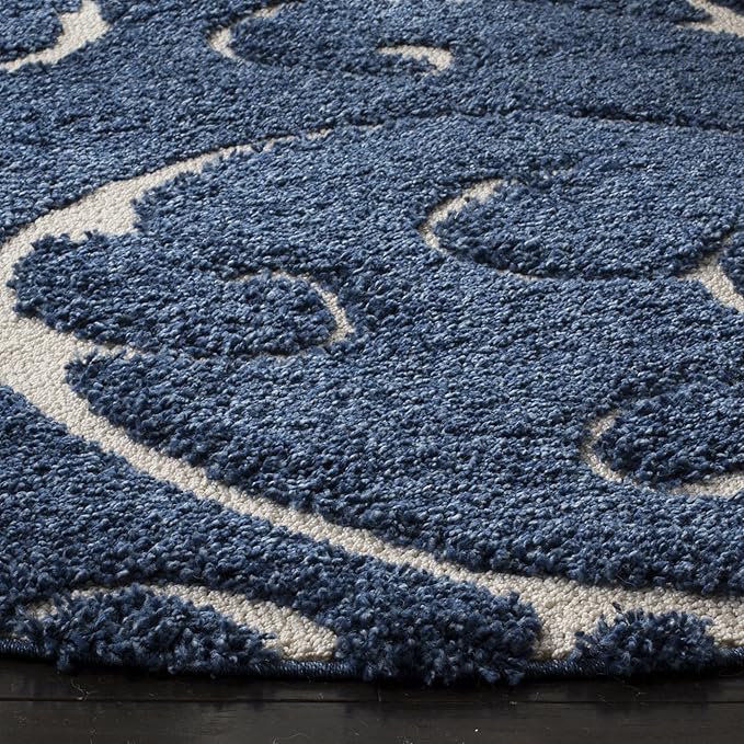 SAFAVIEH Florida Shag Collection Area Rug - 8' Square, Dark Blue & Cream, Scroll Design, Non-Shedding & Easy Care, 1.2-inch Thick Ideal for High Traffic Areas in Living Room, Bedroom (SG455-6511)