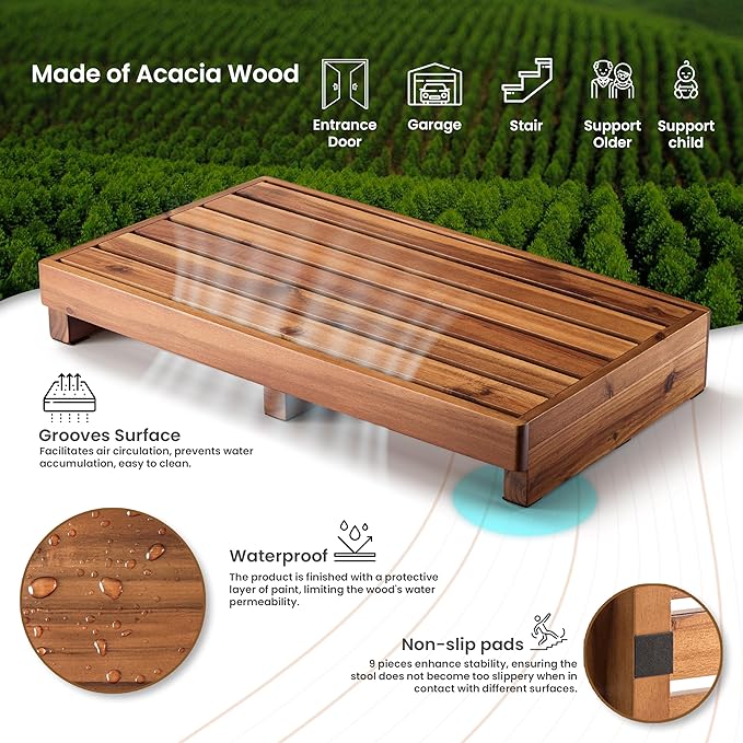TINAMO 3.5" One Step Stool for Elderly, Acacia Wood High Riser Step Stool for Bed - 550 Lbs Wooden Mobility Stepping Stools for Adults, Kids/Bedside, Bathroom, Kitchen, Garden (Acacia, 3.5" Height)