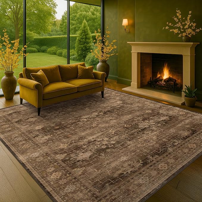 Brown Rug for Living Room 10x14 - Extra Large Vintage Western Unique Neutral Taupe, Washable Low Pile Non-Slip Soft Thin Area Rug for Dining Under Table, Bedroom Under Bed, Home Office