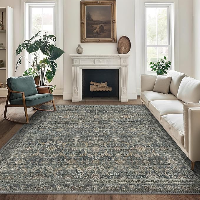 5X7 Area Rugs Machine Washable Rugs for Living Room, Vintage Boho Large Rugs for Bedroom Dining Room, Non Slip Indoor Soft Distressed Lightweight Thin Low Pile Carpet, Deep