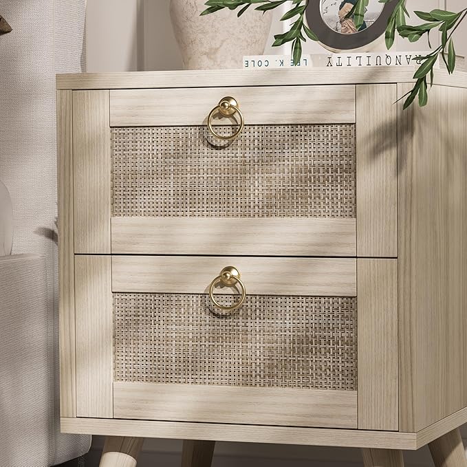BOLUO Wooden Night Stand with 2 Drawer, Rattan Small Nightstand Boho Bedside Table for Cozy Bedroom