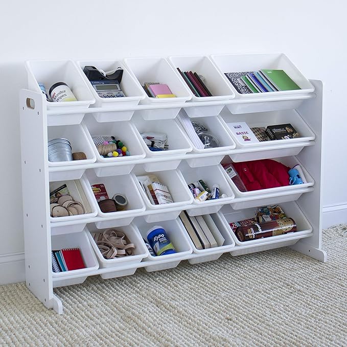 Humble Crew Extra-Large Toy Organizer with 20 Plastic Bins – White/White Storage Rack with 4-Tier Shelves, Anti-Tip Safety, for Kids’ Rooms, Playrooms, Nurseries & Classrooms