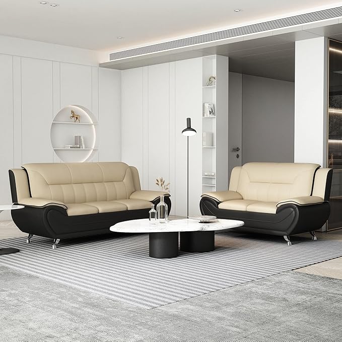 Container Furniture Direct Michael Modern Faux Leather Upholstered Stainless Steel Legs Living Room Sofa, Loveseat, Black Camel