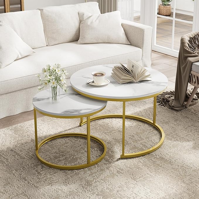 Smuxee White Nesting Coffee Table Set of 2, 27.6" Round Coffee Table Wooden Marble Pattern with Adjustable Non-Slip Feet, Industrial End Table for Living Room Bedroom Balcony
