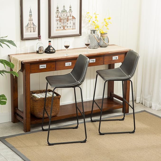 Roundhill Furniture Lotusville Vintage PU Leather Bar Stools, Antique Gray, Set of 2