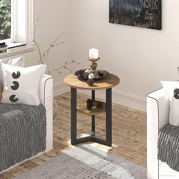 LEEMTORIG Round Side Table, 2-Tier High End Table Nightstand with Metal Legs, Modern Bedside Couch Table for Living Room, Bedroom, Office, Rustic Natural/Black, 19.3 x 19.3 x 24 inches BZ-1338