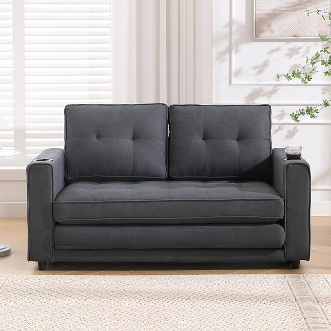 ERYE 3 Fold Tufted Upholstered Futon Sofa Bed Modern Convertible Foldable Floor Loveseat Sofabed with Pull Out Sleeper Couch Daybed W/Cupholders and Pockets for Living Room