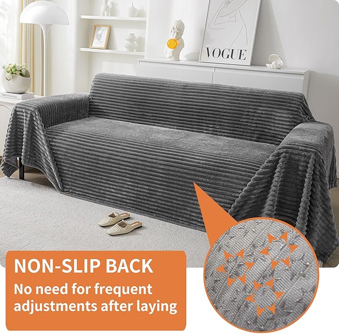 HAOMAIJIA Faux Fur Sofa Covers Couch Covers for 2 Cushion Couch Sofa Pet Friendly Soft Non Slip Couch Cover for Dogs Washable Sectional Couch Covers L Shape Furniture Protector (Grey, 71"x102")