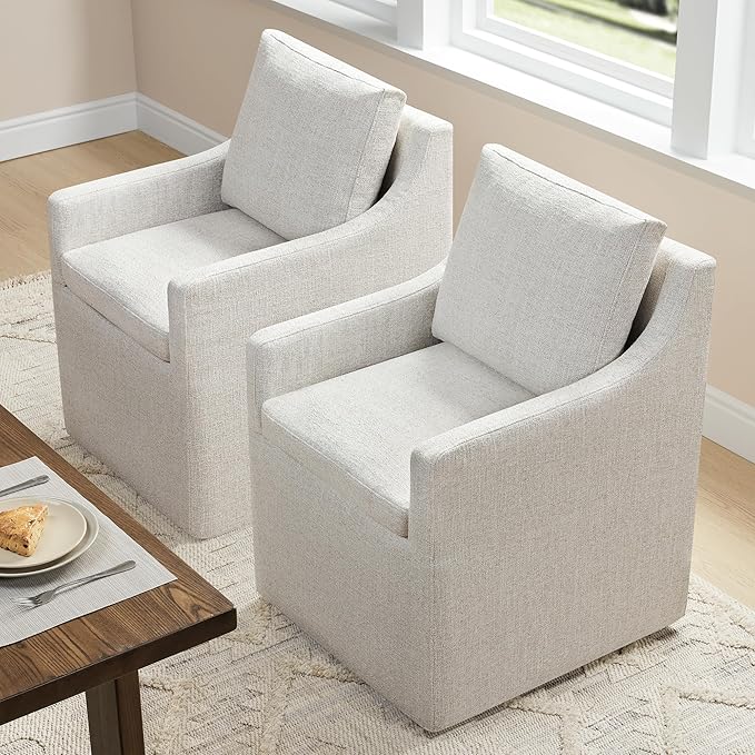 Upholstered Dining Chairs with Casters Easy Assembly Modern Accent Armchair with Rollers for Diningroom Bedroom Livingroom Reading Room,Linen,2 Boxs
