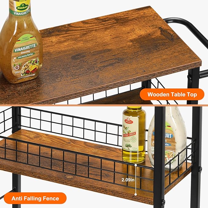 YBING Slim Storage Cart 4 Tier Narrow Kitchen Rolling Cart with Wooden Tabletop Mobile Utility Stand on Wheels for Bathroom Laundry Narrow Places Rustic Brown 16.5''L X 7.3''W X 34.6''H