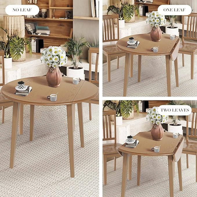 COLAMY 3-Piece Extendable Dining Table Set for 2, 36" Kitchen Round Wood Table with 2 Nailhead Dining Room Chairs,Light Brown/White&Grey Flower