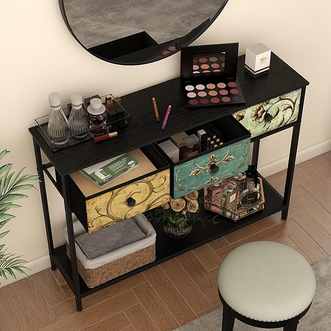 Tohomeor Entryway Console Table with 3 Retro Flowers Fabric Drawers Boho Narrow Long Behind Couch Farmhouse Sofa Table with Bottom Open Storage Shelf for Hallway Living Room Foyer (Black, 3 Drawers)