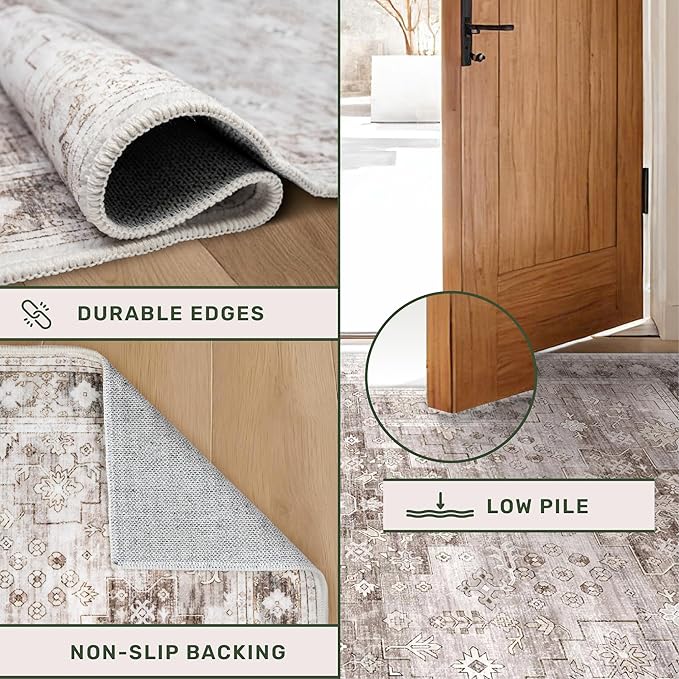 Washable Neutral Farmhouse Bedroom Rug, 5x7 Area Rugs for Living Room, Nursery Room, Boho Vintage Floral Non-Slip Rug Low Pile Stain Resistant (5x7 Beige/Latte)