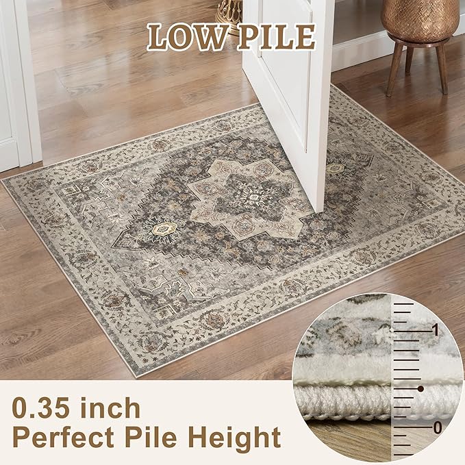 Tangsoo 2.6x8 Washable Runner Rug for Hallways, Non Slip Vintage, Soft Low Pile Long Runner, Print Distressed Brown/Grey Carpet Runners for Kitchen Bedroom Entryway Bathroom Living Room