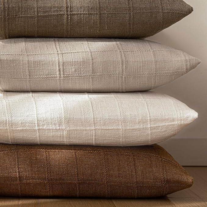 Foindtower Set of 2 Decorative Linen Check Throw Pillow Covers Neutral Farmhouse Vintage Cushion Covers Modern Boho Home Decor For Sofa Chair Couch Bedroom Living Room Outdoor,20×20 Inch,Natural Linen