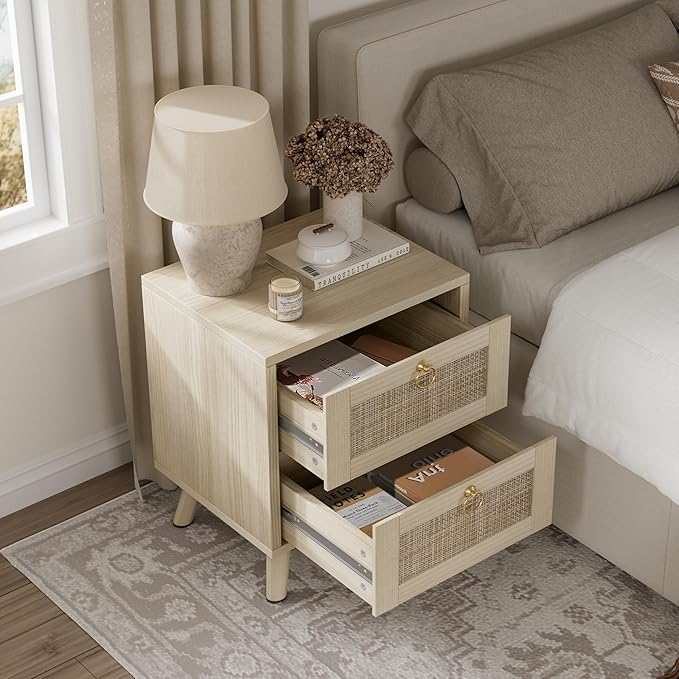 BOLUO Wooden Night Stand with 2 Drawer, Rattan Small Nightstand Boho Bedside Table for Cozy Bedroom