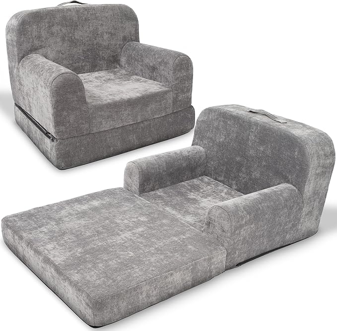 ParkaLounger Children's Sofa 2-in-1 Convertible Chair & Sleeper - Durable Foam Keeps Its Shape - Lightweight, Portable with Handle - Soft, Sturdy & Cozy Seat for Lounging & Play, Gray, Medium