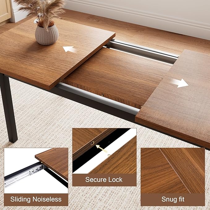 5 Pieces Dining Room Table Set for 4-6, 63" Extendable Kitchen Table Set with 2 Benches & 2 Stools, Small Dining Table Set with Metal Frame & MDF Board, Walnut