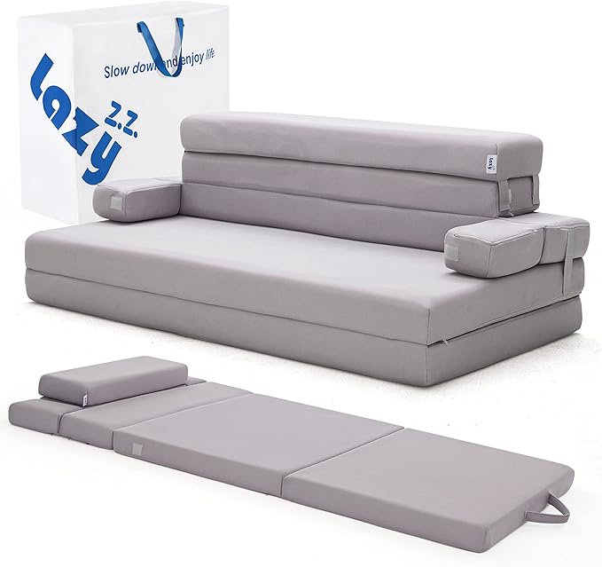 Sleep 4 Inch Foldable Mattress, Portable Floor Mattress Couch with Headrest, Washable Cover, Foldable Foam Couch Queen for Guest Bed, Folding Sofa Bed, Camping, Road Trip, Dark Grey