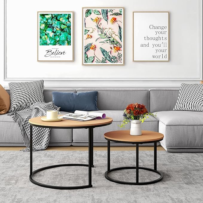 Industrial Round Coffee Table Set of 2 End Table for Living Room,Stacking Side Tables, Sturdy and Easy Assembly,Wood Look Accent Furniture with Metal Frame,Black+Teak OAKDK
