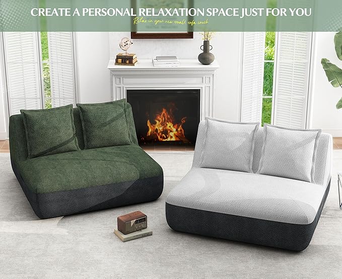 Hobestluk Small Sofa Small Couches for Living Room, Comfy Memory Foam Couch, Mini Sofa with Side Pocket for Living Room, Bedroom (Grey+Green)