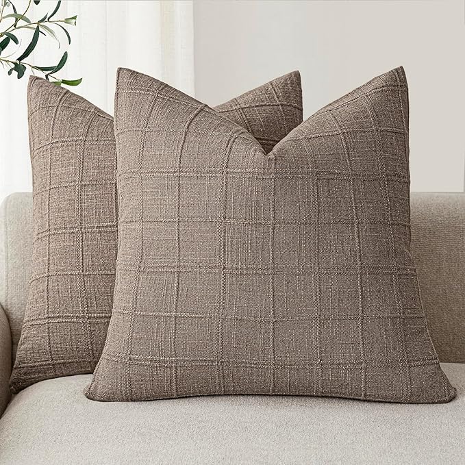 Foindtower Set of 2 Decorative Linen Check Throw Pillow Covers Neutral Farmhouse Vintage Cushion Covers Modern Boho Home Decor for Sofa Chair Couch Bedroom Living Room Outdoor,18×18 Inch,Tan Taupe