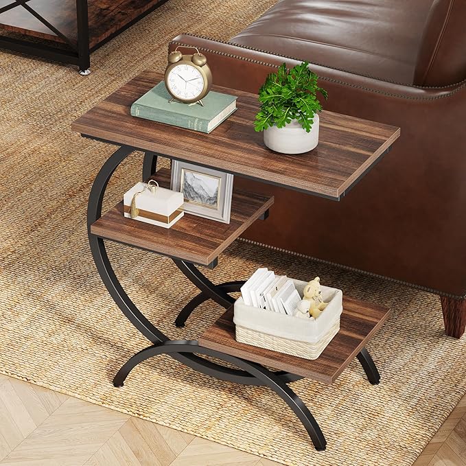 Tribesigns C-Shaped End Table, Industrial 3-Tier Small Side Table for Couch, Wood Bedside Table Snack Side Table with Storage Shelves for Living Room Small Space, Rustic Brown