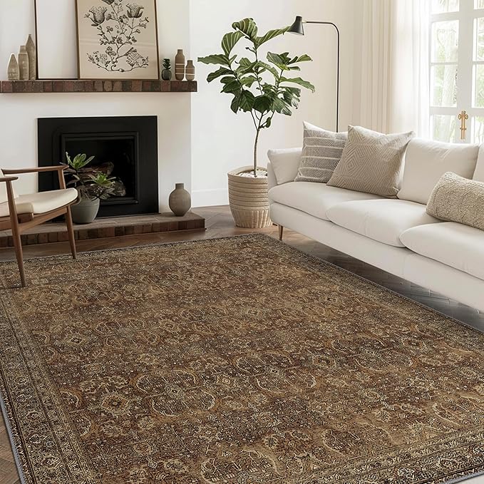 10X14 Area Rugs Machine Washable Rugs for Living Room, Vintage Boho Large Rugs for Bedroom Dining Room, Non Slip Indoor Soft Distressed Lightweight Thin Low Pile Carpet, Rustic Brown