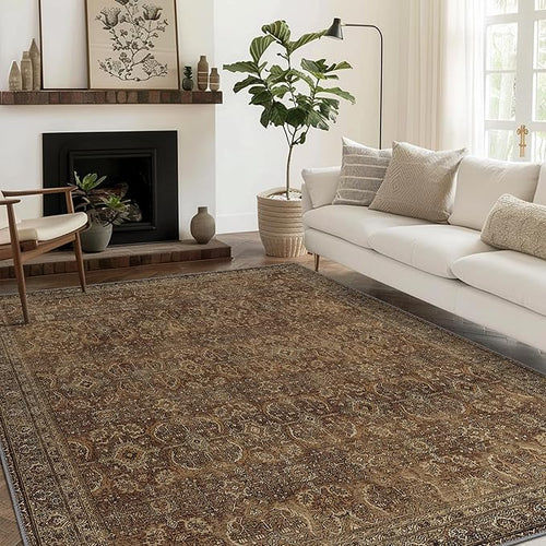 10X12 Area Rugs Machine Washable Rugs for Living Room, Vintage Boho Large Rugs for Bedroom Dining Room, Non Slip Indoor Soft Distressed Lightweight Thin Low Pile Carpet, Rustic Brown