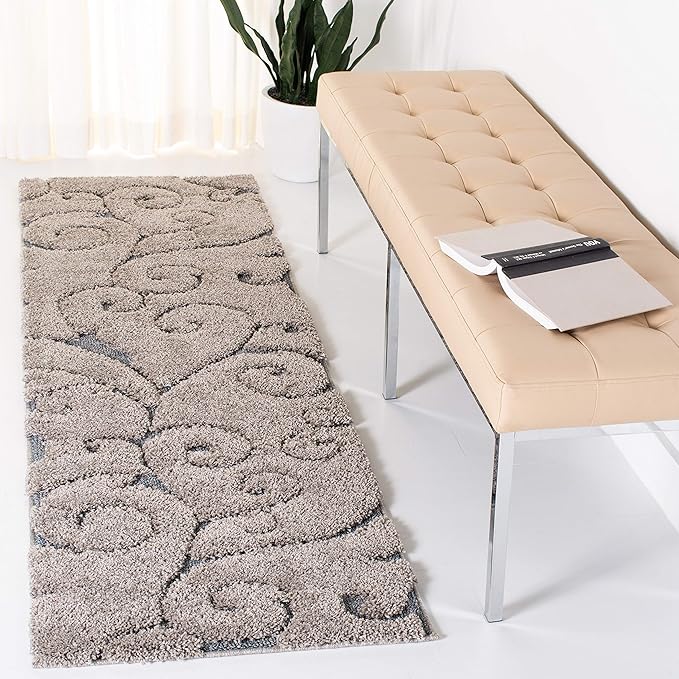 SAFAVIEH Florida Shag Collection Runner Rug - 2'3" x 9', Grey & Light Blue, Scroll Design, Non-Shedding & Easy Care, 1.2-inch Thick Ideal for High Traffic Areas in Living Room, Bedroom (SG455-1160)