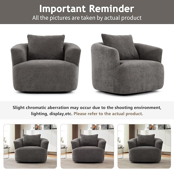 Merax Modern 360° Chenille Swivel Barrel Chair with A Throw Pillow & Armrest, Upholstered Cozy Single Round Sofa with Deep Seating for Living Room Bedroom,Office, Hotel, Easy Assemble, Grey