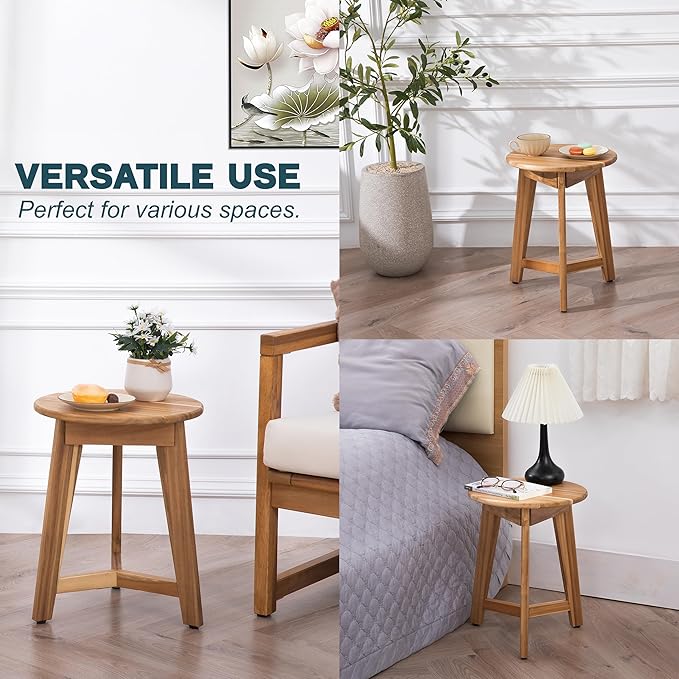 Round Side Table – Acacia Wood End Table for Living Room or Bedroom – Light Natural Wood Finish, Compact Nightstand or Accent Table for Sofas & Beds (13x16 x13 Inches)