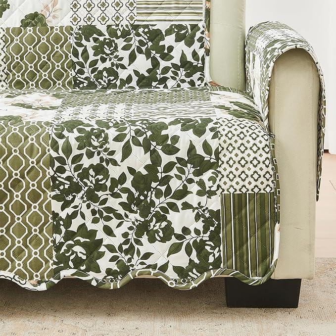 Great Bay Home Reversible Patchwork Loveseat Cover - Washable Slipcover Furniture Protector with Elastic Straps - Couch Cover for Dogs, Kids, and Pets - Box-Stitched Detail (Loveseat, Olive/Brown)