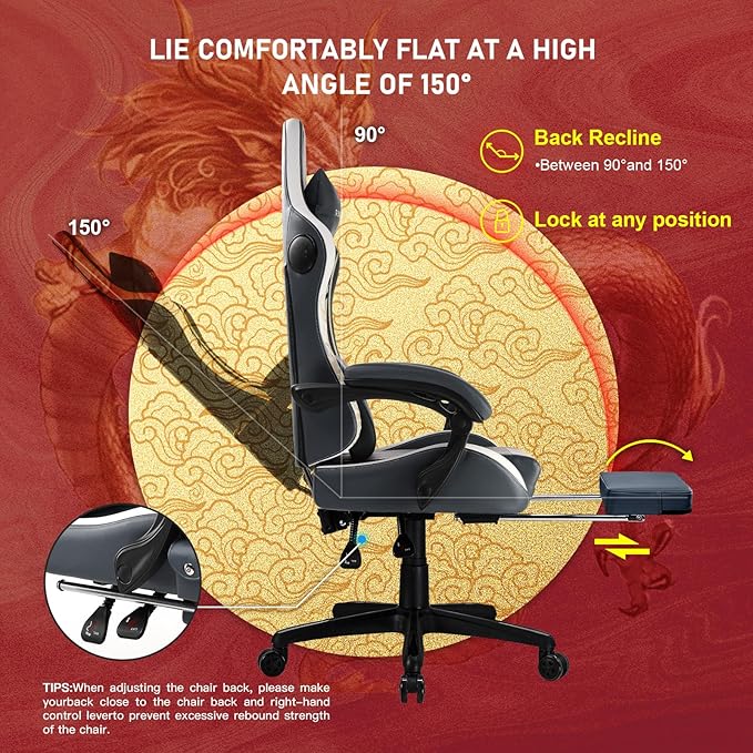 GTPLAYER Gaming Chair with Bluetooth Speakers and Footrest, Dragon Series Video Game Chair, Heavy Duty, Ergonomic, Esports Computer Office Chair,(BLUEGRAY)