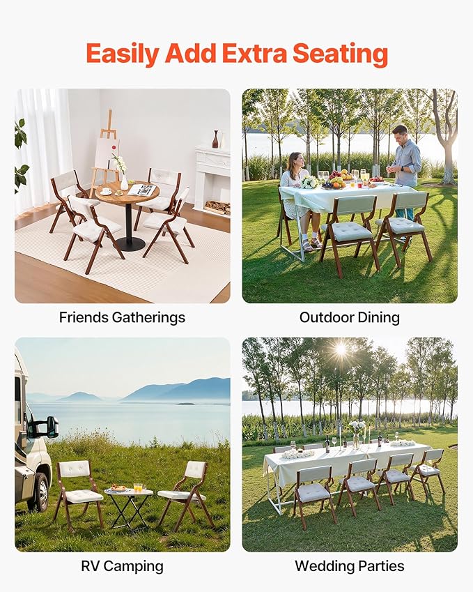 VEVOR Wooden Folding Chairs with Cushion, Set of 2, Portable Foldable Cushion Chair with Wooden Frame, Modern Padded Dining Chair for Kitchen, Office, Wedding, Party, Dining Room, Easy Assembly, White