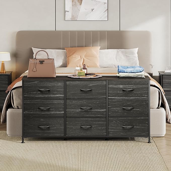 WLIVE 47''W Dresser for Bedroom, Black Dresser TV Stand for 45, 50, 55 inch TV, Wide Chest of Drawers with 9 Drawer, Large Entertainment Center, Fabric Dressers with Wood Top for Closet, Living Room